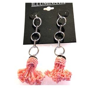 Silver/peach colored earrings. They hang 3 1/2”.